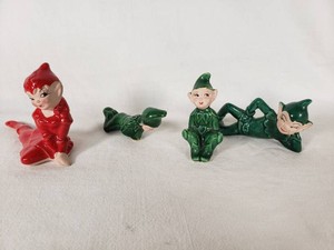 Vintage Ceramic Elf Figurines, Set of 4, Red and Green - 1 wchipped foot