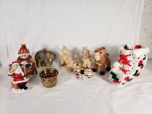 Christmas Figurine and Ornament Collection including Santa, Snowmen, Elephant Ornament, and Crocheted Boot