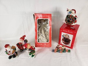 Vintage Christmas Decorations including Holiday Novelties JC Penney Santa, Angel Tree Topper, Santas, and Teddy Bears