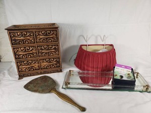 Decorative Wood Jewelry Box, Brass Hand Mirror, Glass Tray, and Red Wall Light Fixture with Miscellaneous Earrings and Pins