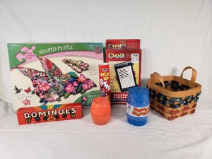 Hummingbird Shaped Puzzle, Dell Crossword Companion, Dominoes, Pick-Up Stix, Basket, and Barrel of Monkeys
