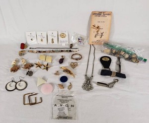 Assorted Jewelry and Accessories including Avon Magnetic Necklace Buddy, Guardian Angel Pins, and More