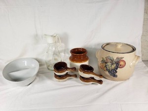 Home & Garden Party Crock with Vintage Style and Accessories, Glass Pitcher with Eagle Design, and Ceramic Divided Dish