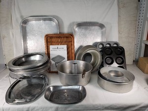 Assorted Kitchen Bakeware and Cookware Set including Copper Chef Pro Crisper Pan Set, Duratale Tray, and Various Pie and Cake Pans
