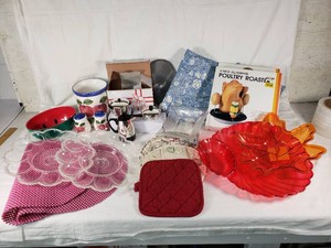 Various Kitchen and Household Items including 3 Piece Poultry Roaster, Ceramic Apple Design Utensil Holder, and Glass Serving Platters