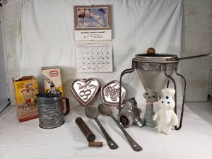 Vintage Kitchenware and Collectibles including Bromwells Sifter, Dough Maker, and Tin Molds