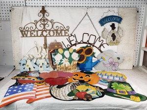 Decorative Welcome Sign Assortment including Metal and Wood Signs with Seasonal Themes