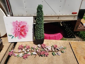 Floral Painting, Topiary, and Metal Floral Decor