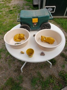 Garden Decor Items including Cement Cats and Figure Statues, Green Storage Wagon, and Rolling Cart INCLUDING TABLE