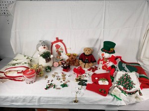 Holiday and Christmas Decorations including Snowman, Teddy Bear, and Decorative Ornaments