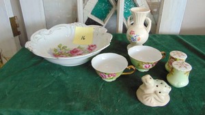 Vintage Bowl, Lefton Green Heritage and Rosemeade Flower Frog