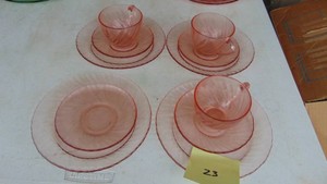4- Plates and 3 Cups and Saucers Pink Depression