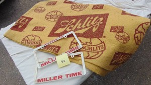 Miller Time License Plate Holders and Vintage Schlitz Blanket. as seen