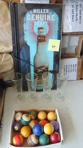 Miller Light up Sign, Pool Balls and Budweiser Millenium Glasses