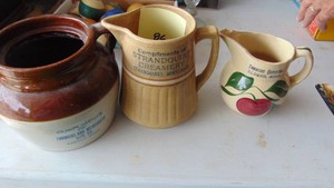 Various Advertising Crockery Bean Pot (no lid), Pitcher (cracked) and Apple Pitcher (Chip)