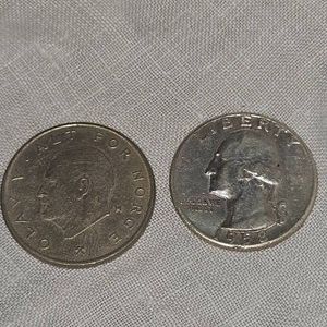 1958 Washington 25c and 1974 One Krone
