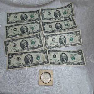 8-1976 $2 Bills and 1964 Royal Canadian Silver Dollar $1