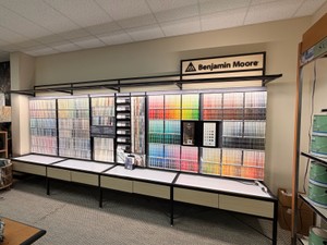 Benjamin Moore 159 x 8 Illuminated Retail Paint Color Display Fixture w Storage Drawers & Signage.