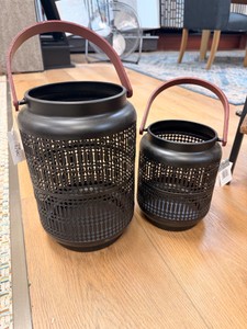 New Set of 2 Black Metal Decorative Lanterns w Wood Handles  Sullivan Gift MET2226