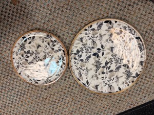 New Set of 2 Floral Decorative Wood Trays  Round Serving & Display Trays