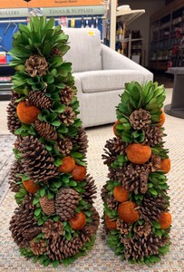 New Decorative Boxwood Cone Topiary Trees with Pinecones & Orange Accents  Set of 2  Rustic FallHoliday Table Dcor
