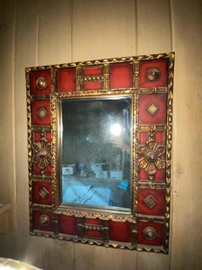 Vintage Spanish Revival Style Wall Mirror Red Gold Tone Frame 23x28