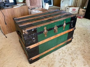 Vintage Green Black Steamer Trunk With Contents Storage Chest