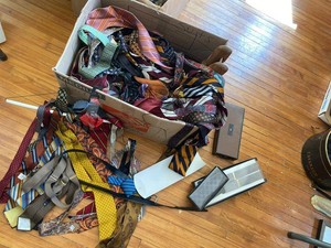 Box Lot of Vintage Mens Neckties Bow Ties Suspenders Pocket Squares