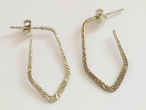 Sterling Silver 925 Textured Angular Geometric Open Hoop Earrings