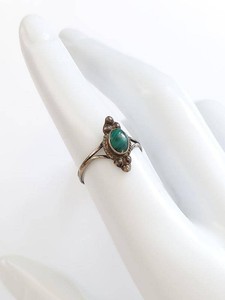 Vintage Mexican Sterling Silver Malachite Cabochon Ring Size 6.5