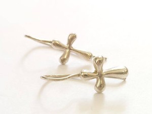 Vintage 925 Sterling Silver Puffed Cross Dangle Drop Earrings French Wire
