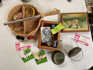 Vintage Box Lot of Assorted Smalls Keys Toys Basket Framed Print