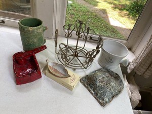Lot of Assorted Vintage Pottery Decor Barber Mug Metal Cup Rack