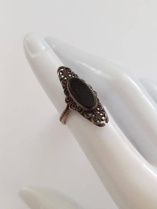 Vintage Style Filigree Adjustable Ring with Oval Black Stone Onyx Tone