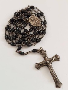 Vintage Sterling Silver Catholic Rosary Black Oval Glass Beads Crucifix Medal