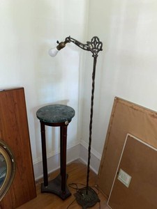Vintage Cast Iron Bridge Floor Lamp & Marble Top Pedestal Stand