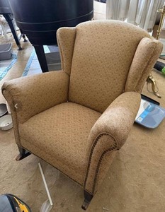 Vintage Upholstered Wingback Rocking Chair Beige Patterned Fabric