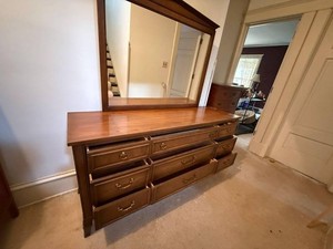 Traditional Cherry Finish 9 Drawer Dresser With Large Mirror See Photos