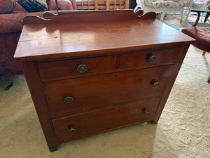 Antique 4 Drawer Cottage Dresser Chest with Scroll Gallery Back