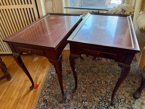 Pair of Queen Anne Style Mahogany Finish End Tables with Drawers