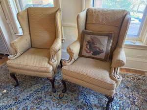 Pair of Vintage Wingback Accent Chairs Queen Anne Legs See Photos