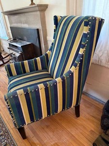 Striped Wingback Accent Chair Nailhead Trim Blue Green Yellow