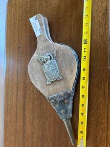 Vintage Wooden Fireplace Bellows Heraldic Crest Leather Decor See Photos