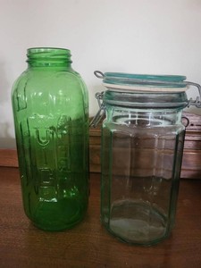 Vintage Green Glass Bottle & Clamp Lid Canister Kitchen Jar Lot