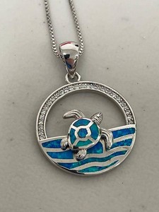 925 Sterling Silver Lab Opal Sea Turtle Wave Pendant Necklace