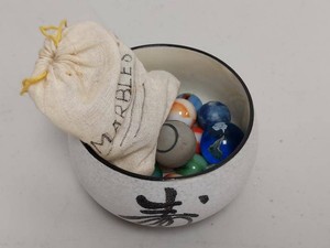 Lot Including Vintage Marbles, Japanese Calligraphy Bowl, Drawstring Bag