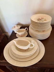 Vintage Embossed Floral Creamware Dinnerware Set Plates Serving Pieces