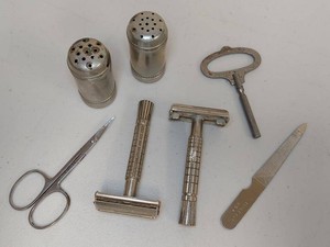 Lot of Vintage Gillette Safety Razors Talc Shakers Key Manicure Tools