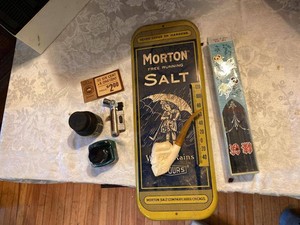 Vintage Advertising & Desk Smalls Lot Morton Salt Thermometer Pipe Lighter
