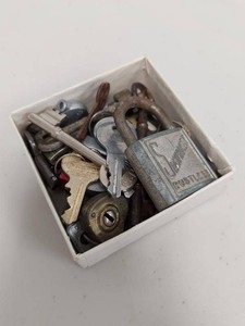 Lot Including Vintage Slaymaker Padlock Brass Heart Lock and Skeleton Keys